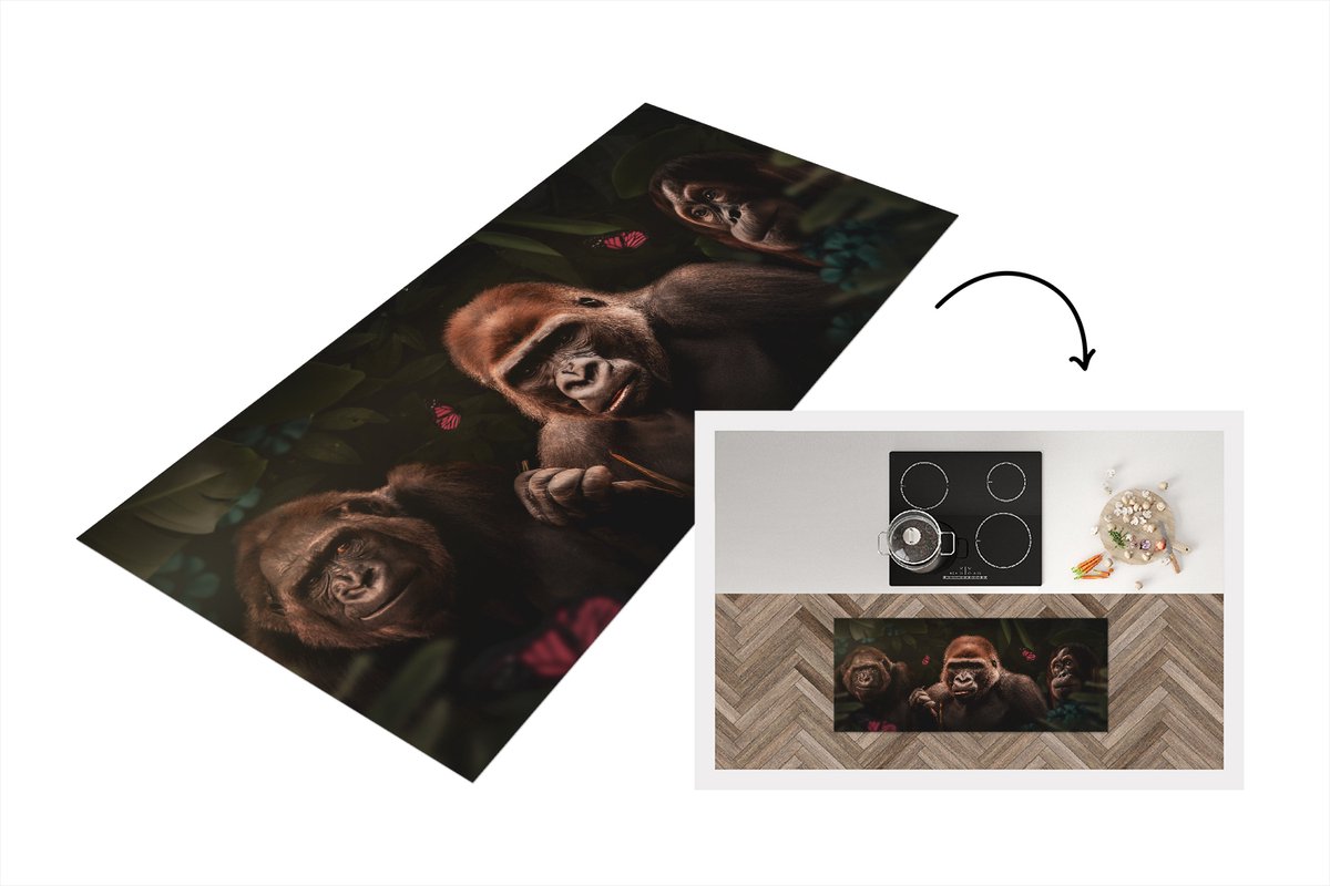 KitchenYeah Keukenloper - Loper keuken - Aap - Jungle - Planten - Vlinder - 120x50 cm - Keukenloper vinyl Multicolor