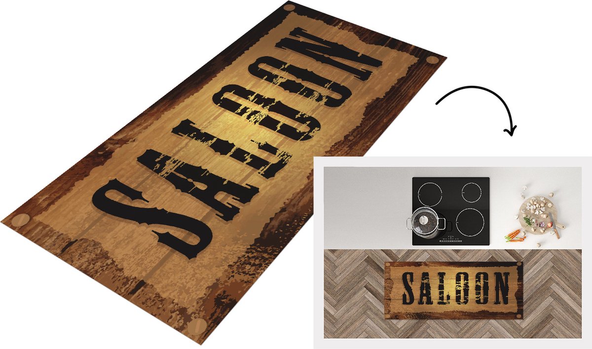 KitchenYeah Keukenloper - Loper keuken - een houten bar bord 'Saloon' - 120x50 cm - Keukenloper vinyl Multicolor