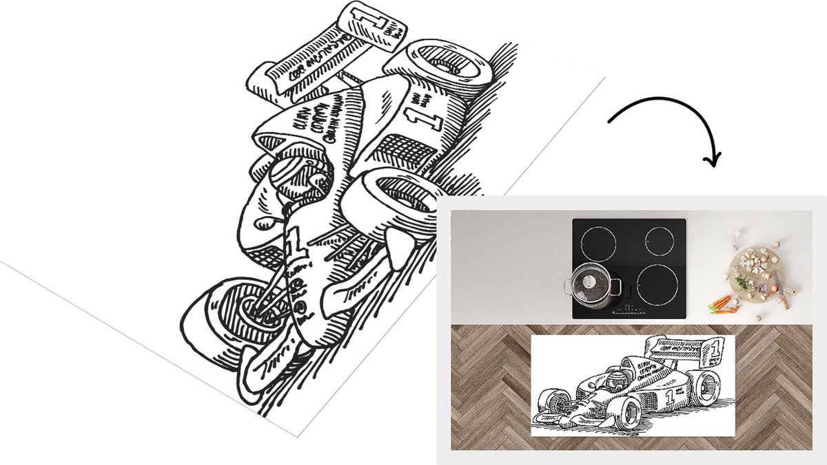 KitchenYeah Keukenloper - Loper keuken - Een geschetste illustratie van een wagen uit de Formule 1 - 120x60 cm - Keukenloper vinyl Multicolor