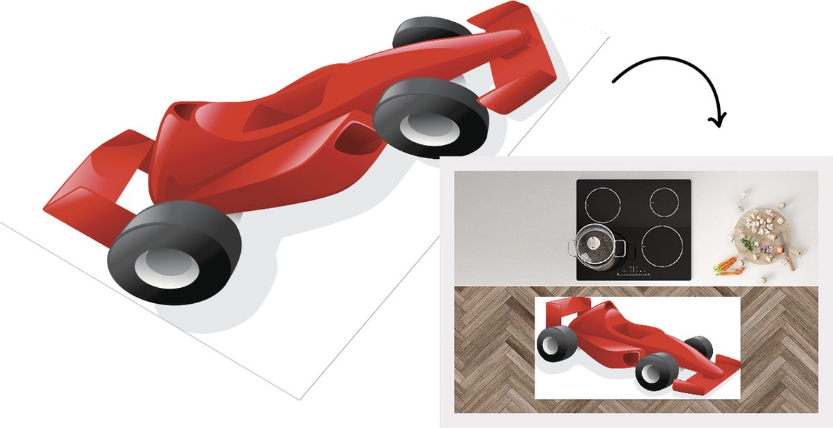 KitchenYeah Keukenloper - Loper keuken - Een rode racewagen van de Formule 1 in een illustratie - 120x60 cm - Keukenloper vinyl Multicolor