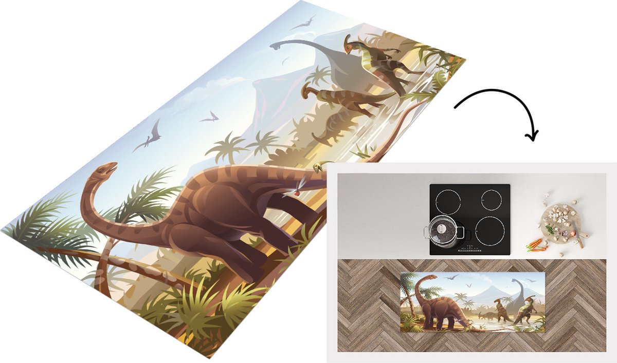 KitchenYeah Keukenloper - Loper keuken - Dinosaurus - Landschap - Tropisch - 120x50 cm - Keukenloper vinyl Multicolor