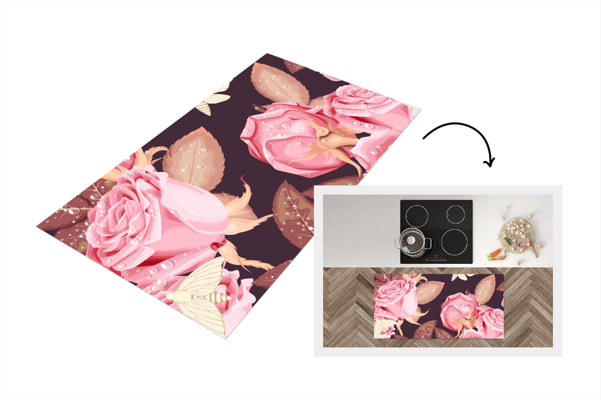 KitchenYeah Keukenloper - Loper keuken - Rozen - Waterdruppels - Insecten - Keukenloper vinyl, foto 2