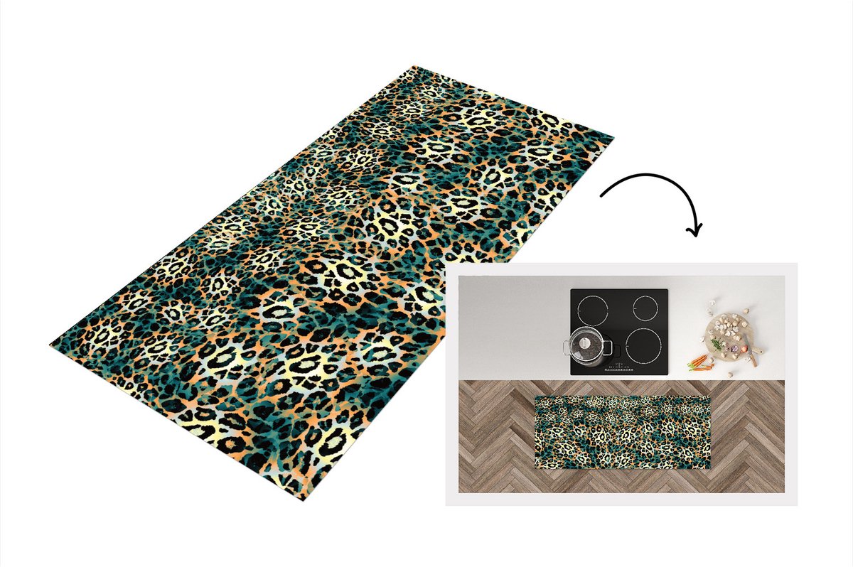 KitchenYeah Keukenloper - Loper keuken - Luipaard - Patroon - Blauw - 120x50 cm - Keukenloper vinyl Multicolor