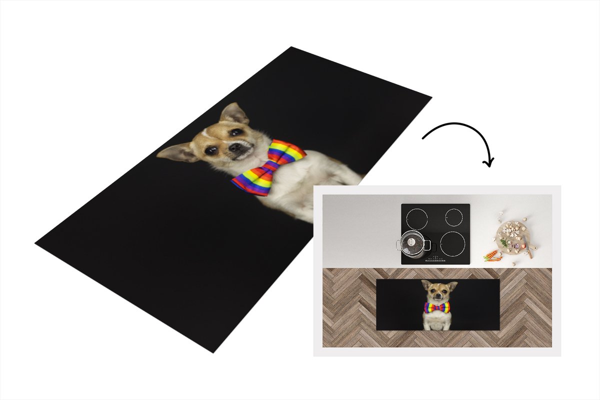 KitchenYeah Keukenloper - Loper keuken - Hond - Strik - Zwart - 120x50 cm - Keukenloper vinyl Multicolor
