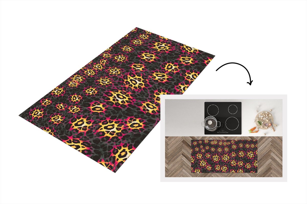 KitchenYeah Keukenloper - Loper keuken - Panterprint - Patroon - Paars - Geel - 120x60 cm - Keukenloper vinyl Multicolor