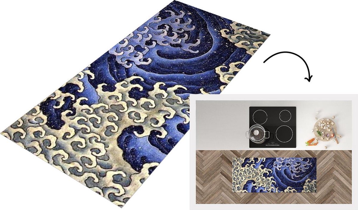 KitchenYeah Keukenloper - Loper keuken - Mannelijke golf - schilderij van Katsushika Hokusai - 120x50 cm - Keukenloper vinyl Multicolor