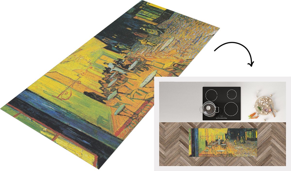 KitchenYeah Keukenloper - Loper keuken - Caféterras bij nacht - Vincent van Gogh - 120x50 cm - Keukenloper vinyl Multicolor