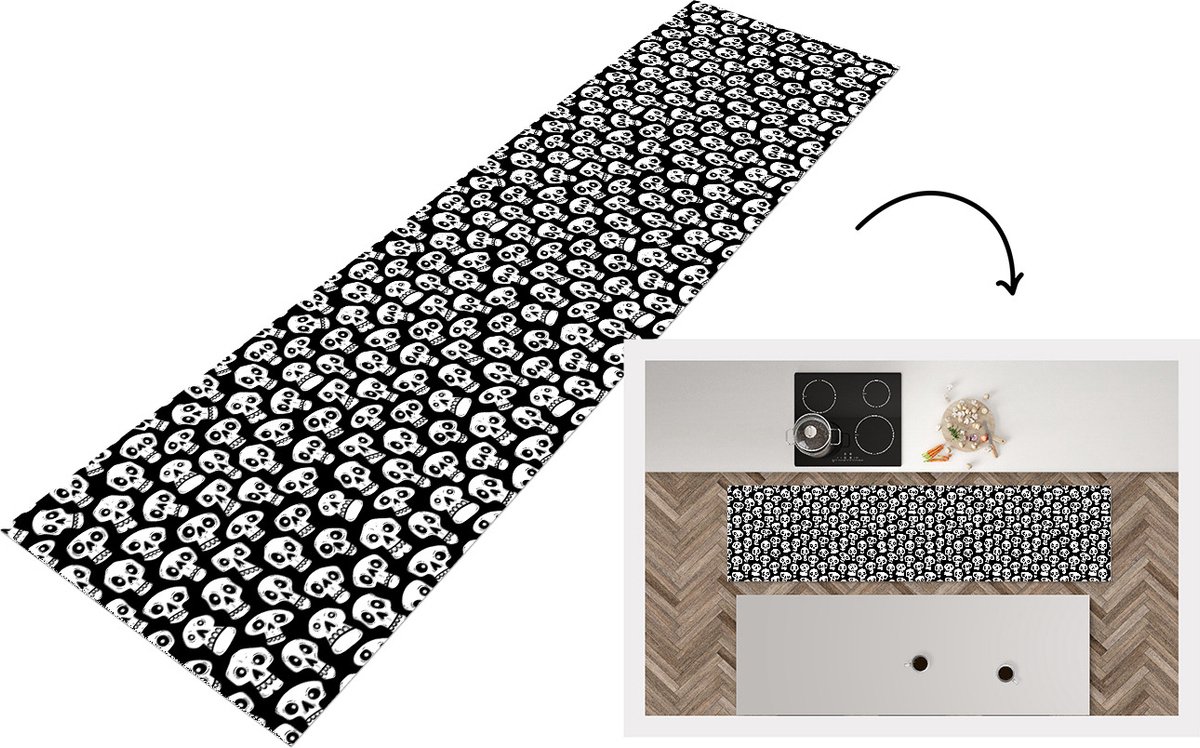KitchenYeah Keukenloper - Loper keuken - Patronen - Skull - Zwart Wit - 200x50 cm - Keukenloper vinyl Zwart; Wit