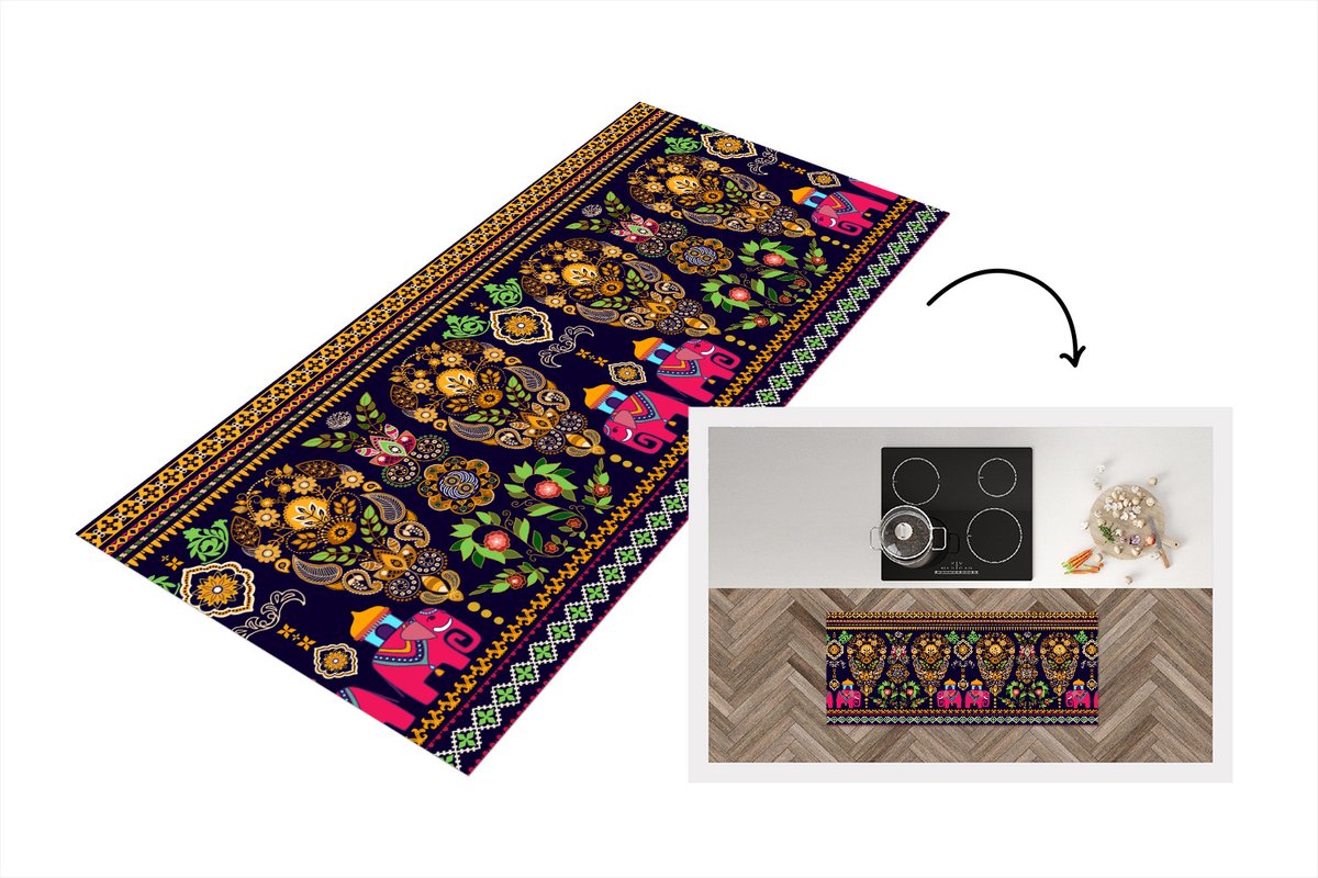KitchenYeah Keukenloper - Loper keuken - Patronen - Olifant - Roze - 120x50 cm - Keukenloper vinyl Multicolor