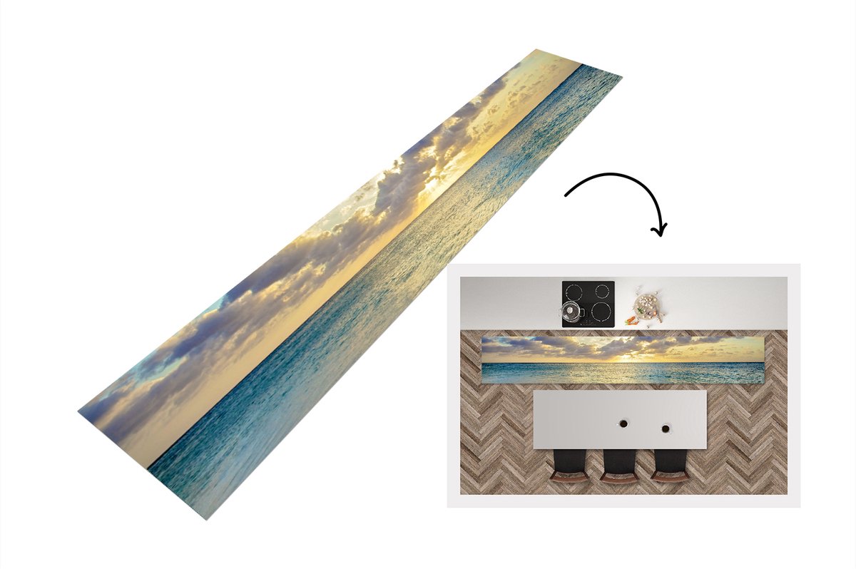 KitchenYeah Keukenloper - Loper keuken - Zee - Strand - Wolken - Zon - 300x50 cm - Keukenloper vinyl Multicolor
