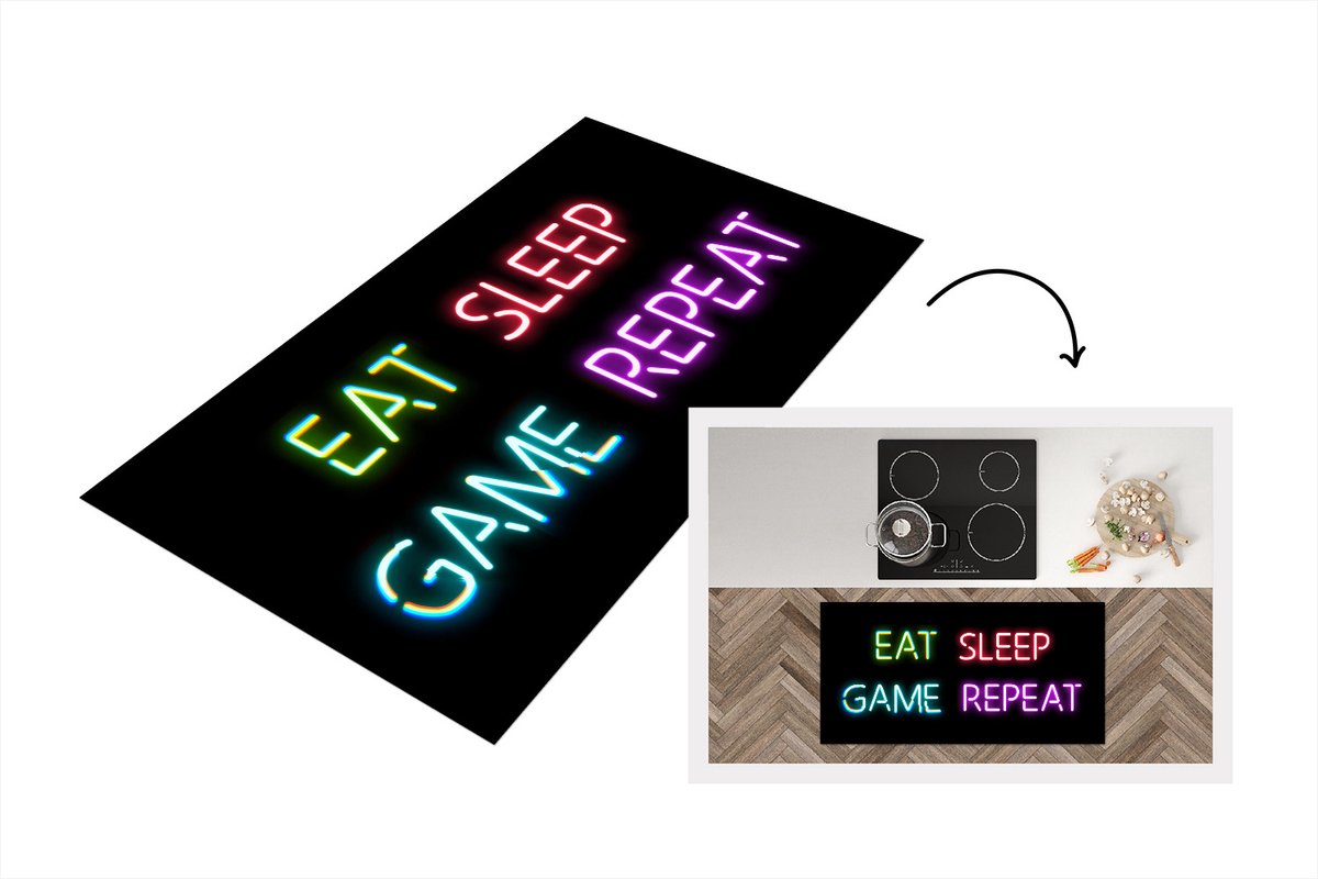 Keukenloper - Loper keuken - Gaming - Neon - Eat sleep game repeat - 120x60 cm - Keukenlop
