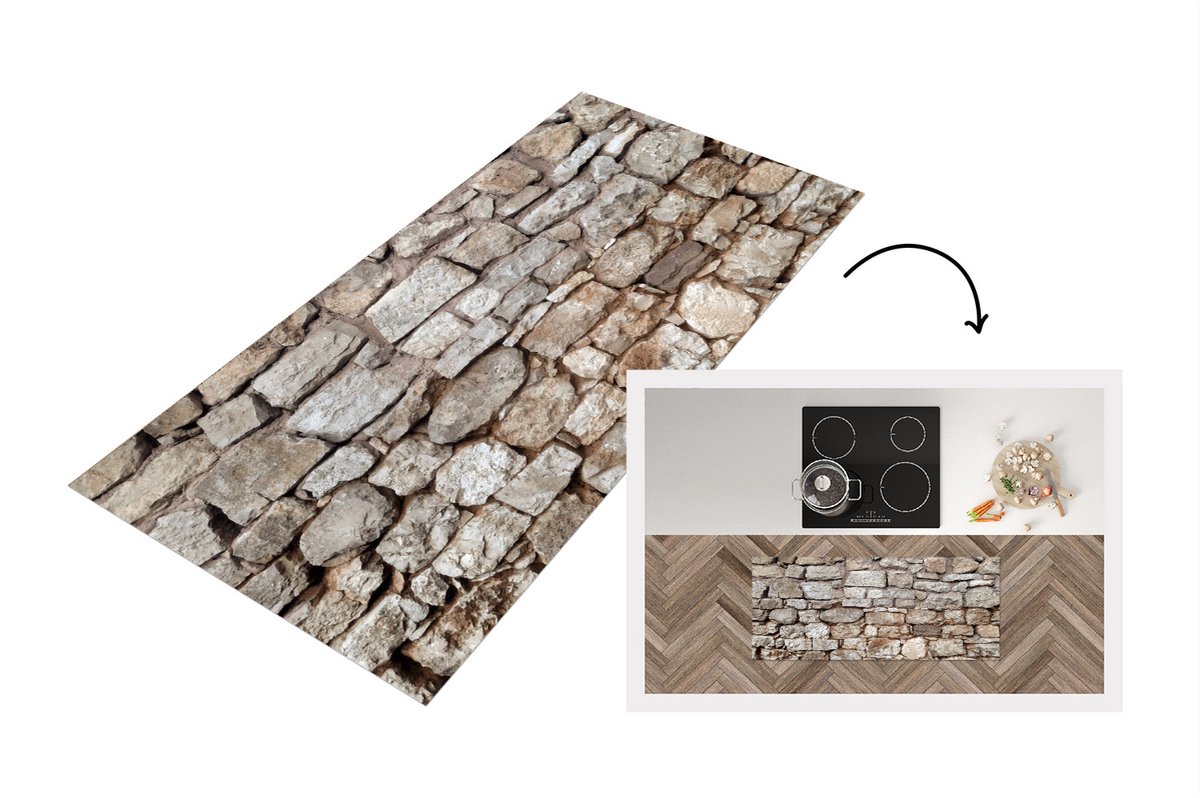 KitchenYeah Keukenloper - Loper keuken - Keien - Middeleeuwen - Oud - 120x50 cm - Keukenloper vinyl Multicolor