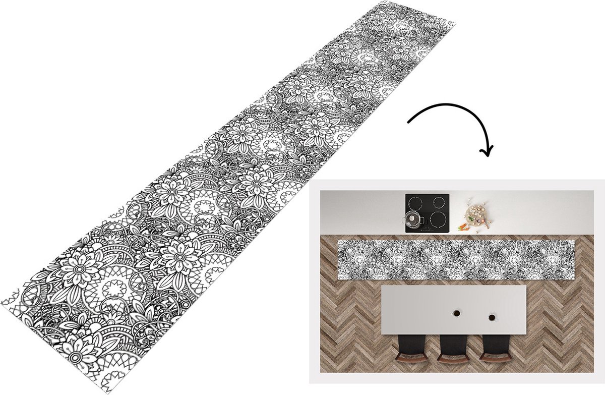 KitchenYeah Keukenloper - Loper keuken - Mandala - Zentangle - Patroon - 300x50 cm - Keukenloper vinyl Multicolor