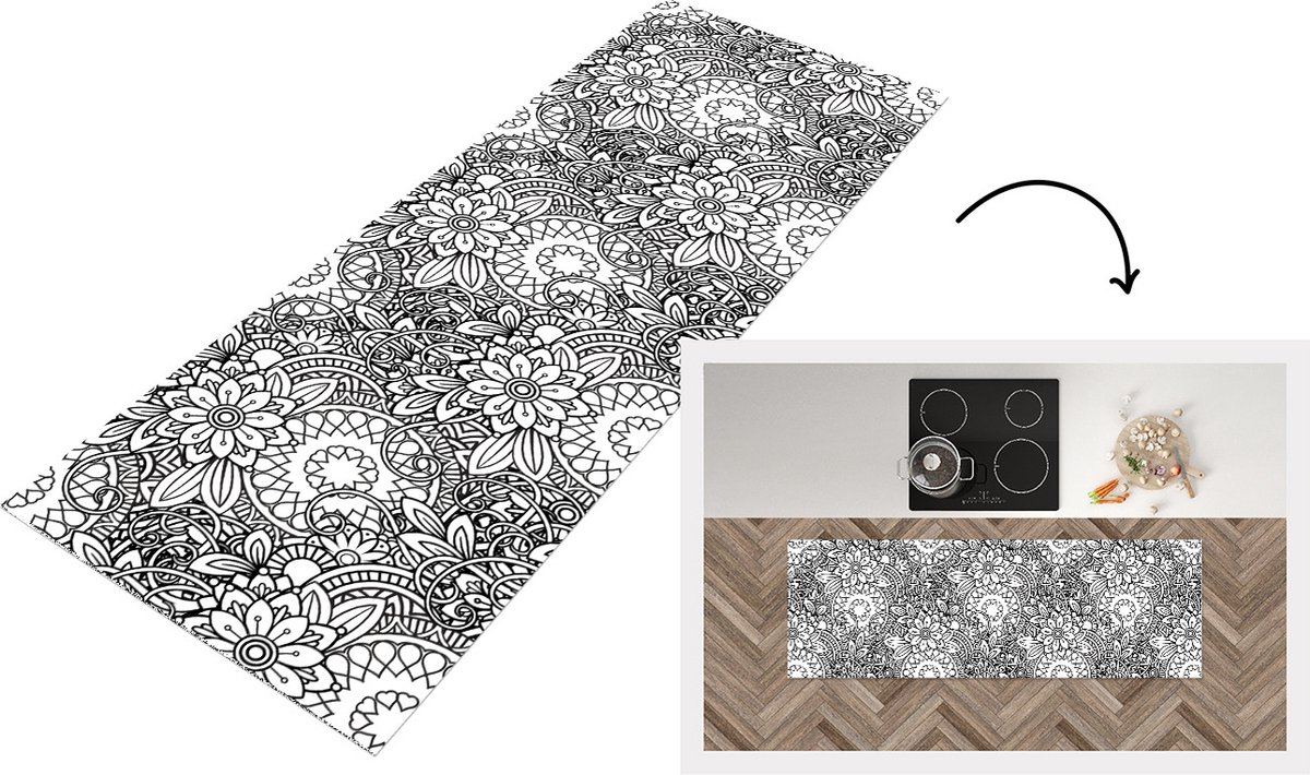 KitchenYeah Keukenloper - Loper keuken - Mandala - Zentangle - Patroon - 150x50 cm - Keukenloper vinyl Multicolor