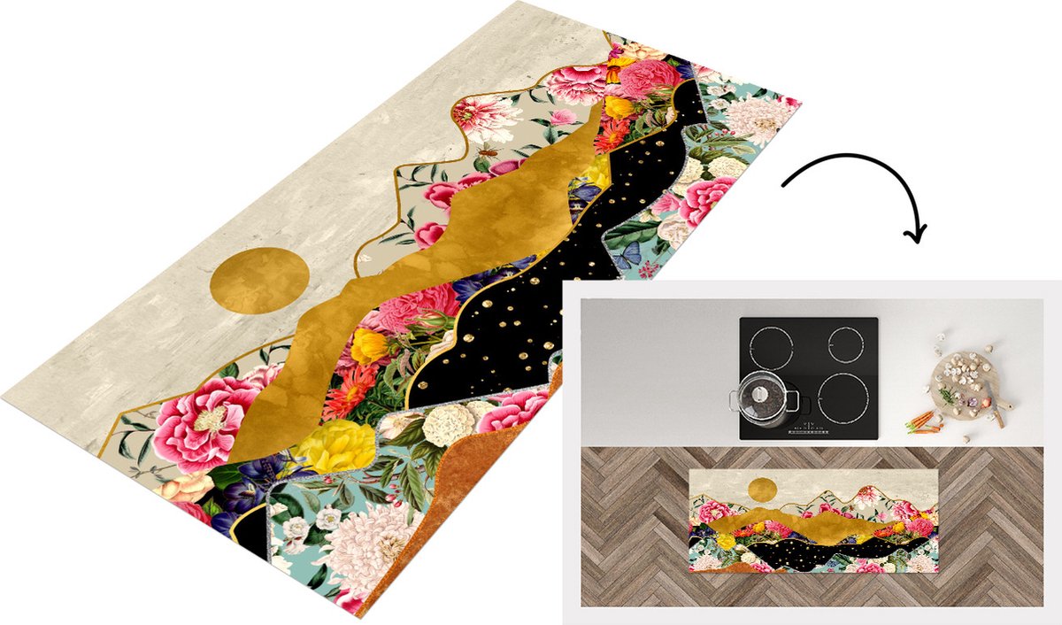 KitchenYeah Keukenloper - Loper keuken - Bloemen - Goud - Marmer - Keukenloper vinyl Multicolor