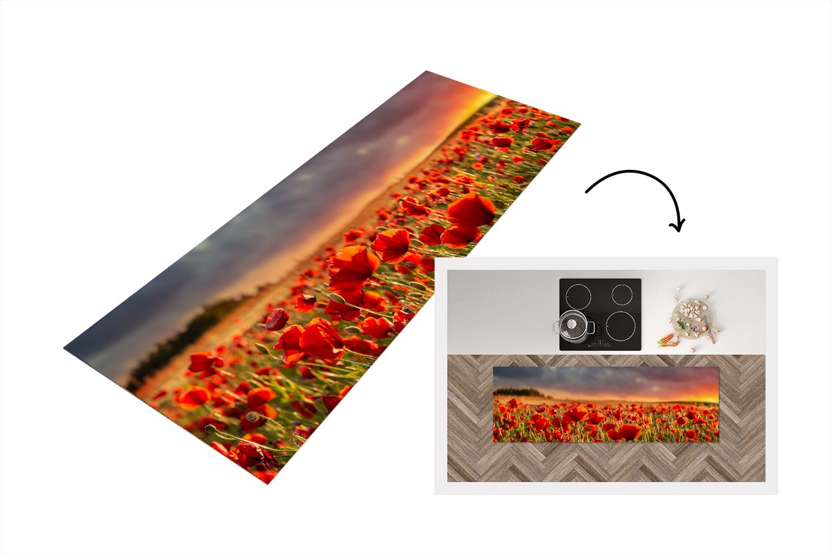 KitchenYeah Keukenloper - Loper keuken - Zonsondergang - Klaprozen - Rood - 180x60 cm - Keukenloper vinyl Multicolor