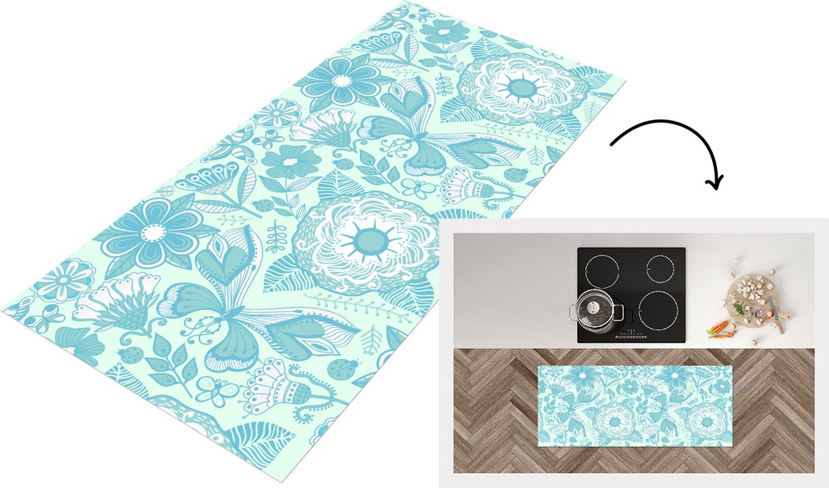 KitchenYeah Keukenloper - Loper keuken - Bloemen - Blauw - Wit - Patroon - Keukenloper vinyl, foto 2