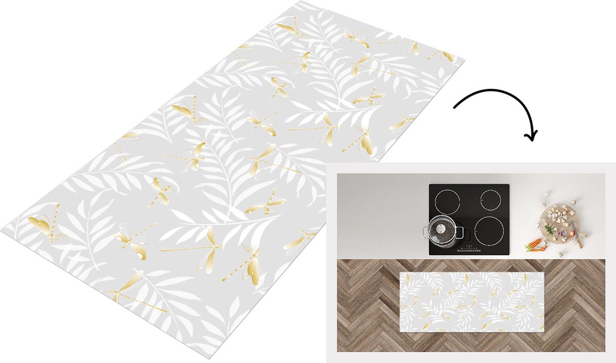 KitchenYeah Keukenloper - Loper keuken - Libelle - Patronen - Goud - Keukenloper vinyl Multicolor
