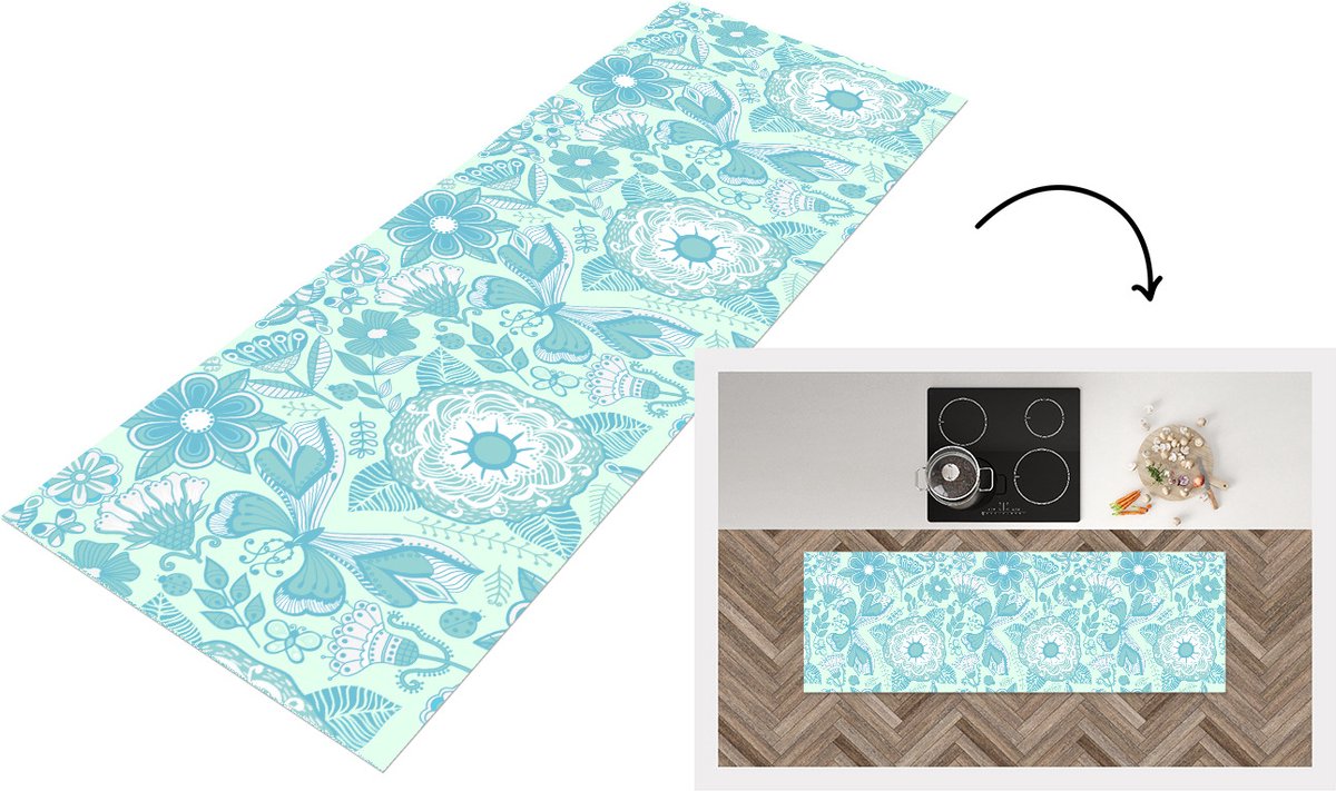 KitchenYeah Keukenloper - Loper keuken - Bloemen - Blauw - Wit - Patroon - Keukenloper vinyl, foto 3