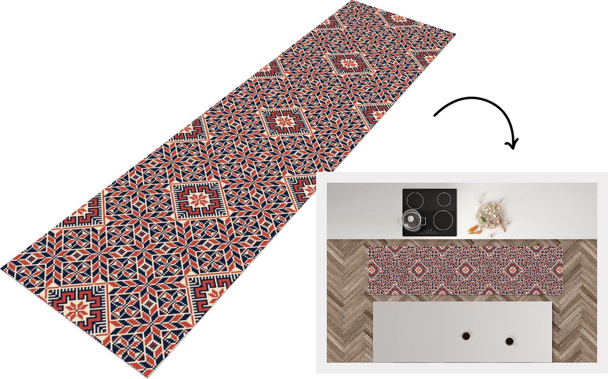 KitchenYeah Keukenloper - Loper keuken - Design - Borduren - Motief - Patronen - 200x50 cm - Keukenloper vinyl Multicolor
