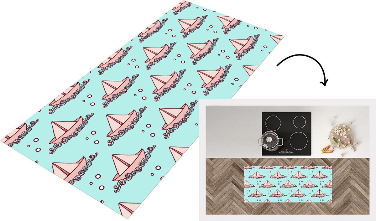 KitchenYeah Keukenloper - Loper keuken - Golf - Boot - Patronen - Kinderen - Avontuur - 120x50 cm - Keukenloper vinyl Multicolor