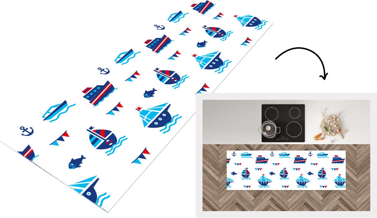 KitchenYeah Keukenloper - Loper keuken - Boot - Blauw - Rood - Jongen - Patroon - 180x60 cm - Keukenloper vinyl Multicolor