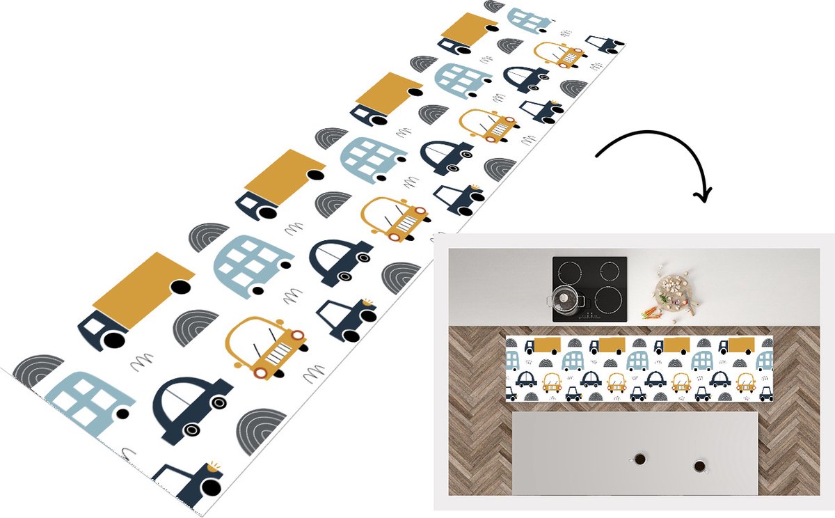 KitchenYeah Keukenloper - Loper keuken - Patroon - Jongens - Auto - Kind - 240x60 cm - Keukenloper vinyl Multicolor