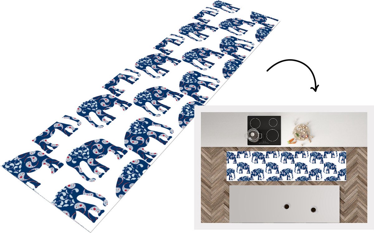 KitchenYeah Keukenloper - Loper keuken - Olifant - Dier - Patroon - 200x50 cm - Keukenloper vinyl Multicolor