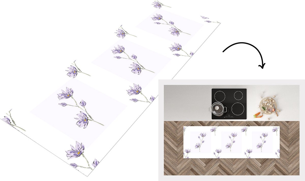 KitchenYeah Keukenloper - Loper keuken - Bloemen - Paars - Lente - Patronen - 180x60 cm - Keukenloper vinyl Multicolor