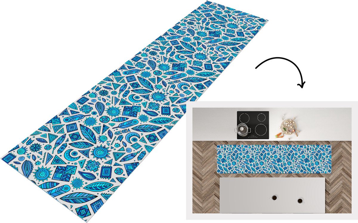 KitchenYeah Keukenloper - Loper keuken - Blauw - Patronen - Veren - Maan - 200x50 cm - Keukenloper vinyl Multicolor