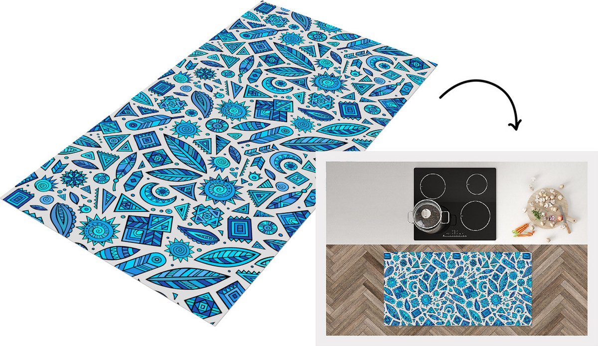 KitchenYeah Keukenloper - Loper keuken - Blauw - Patronen - Veren - Maan - 120x60 cm - Keukenloper vinyl Multicolor