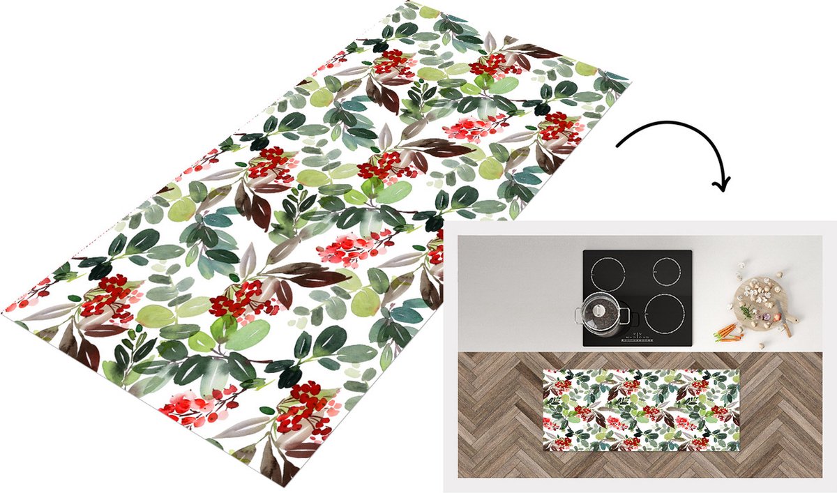 KitchenYeah Keukenloper - Loper keuken - Planten - Waterverf - Bessen - 120x50 cm - Keukenloper vinyl Multicolor