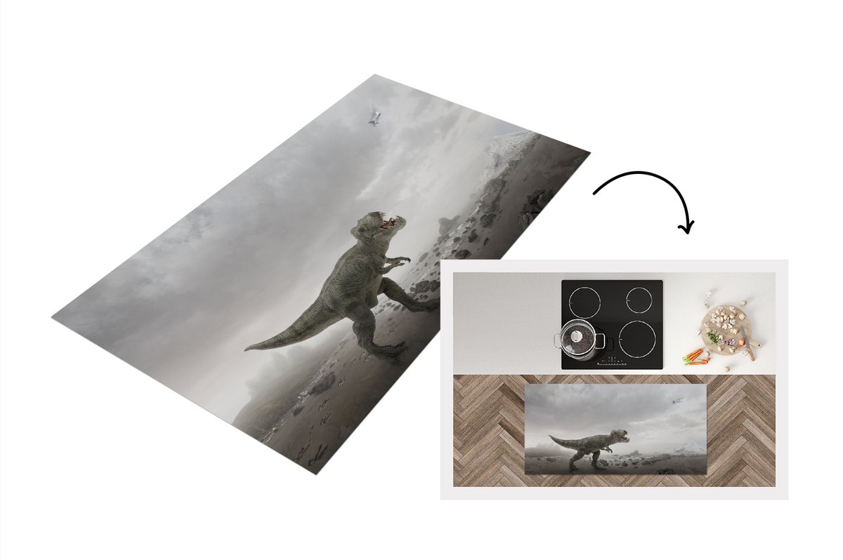 KitchenYeah Keukenloper - Loper keuken - Dinosaurus - Zand - Wolken - 120x60 cm - Keukenloper vinyl Multicolor