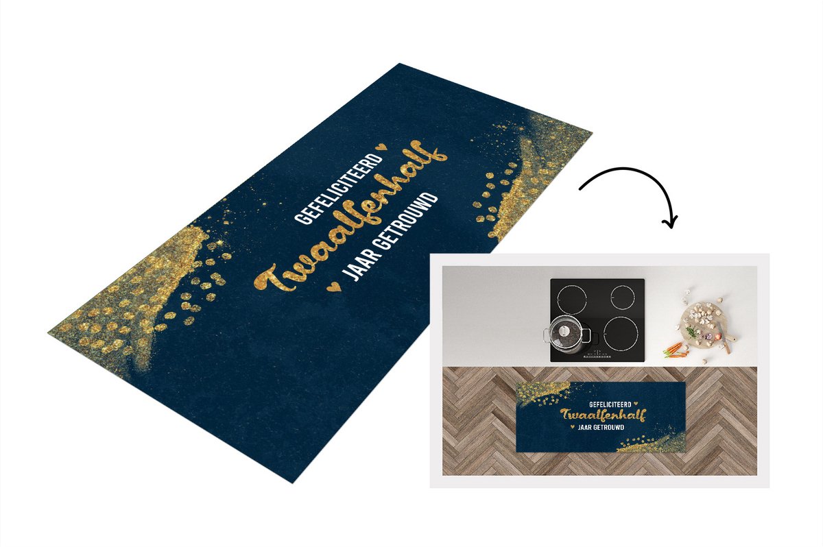 KitchenYeah Keukenloper - Loper keuken - Spreuken - Quotes - Gefeliciteerd twaalfenhalf jaar getrouwd - Goud - Trouwen - 120x50 cm - Keukenloper vinyl Multicolor