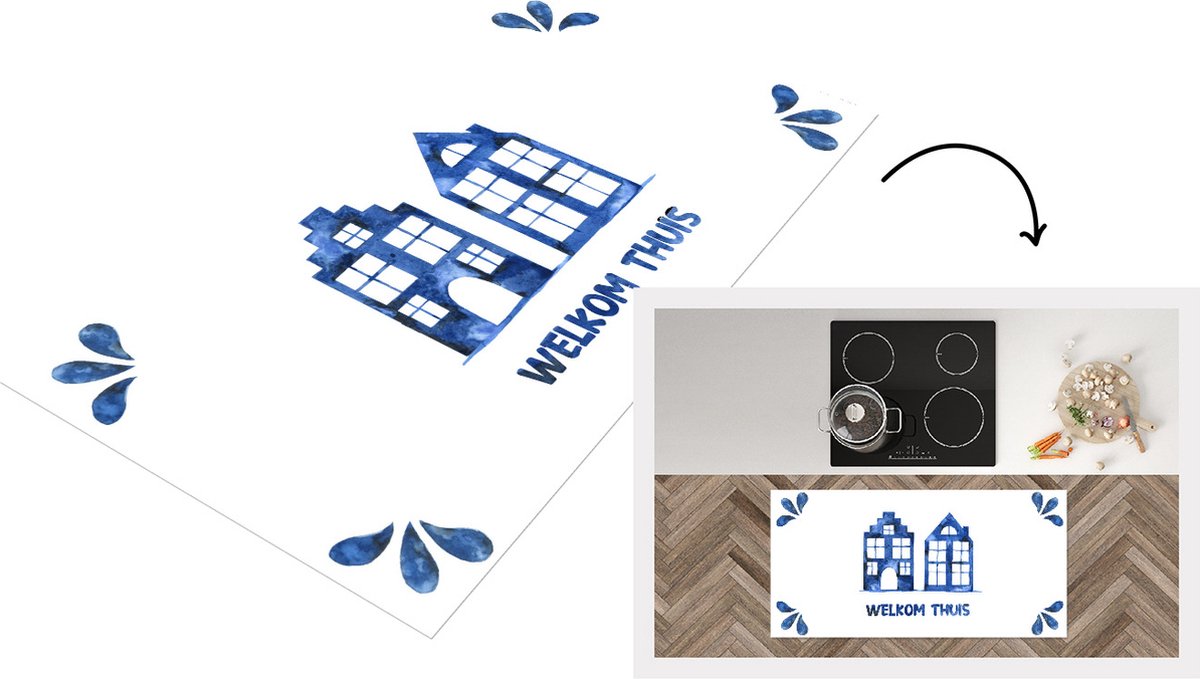 KitchenYeah Keukenloper - Loper keuken - Welkom Thuis - Blauw - Wit - 120x60 cm - Keukenloper vinyl Multicolor