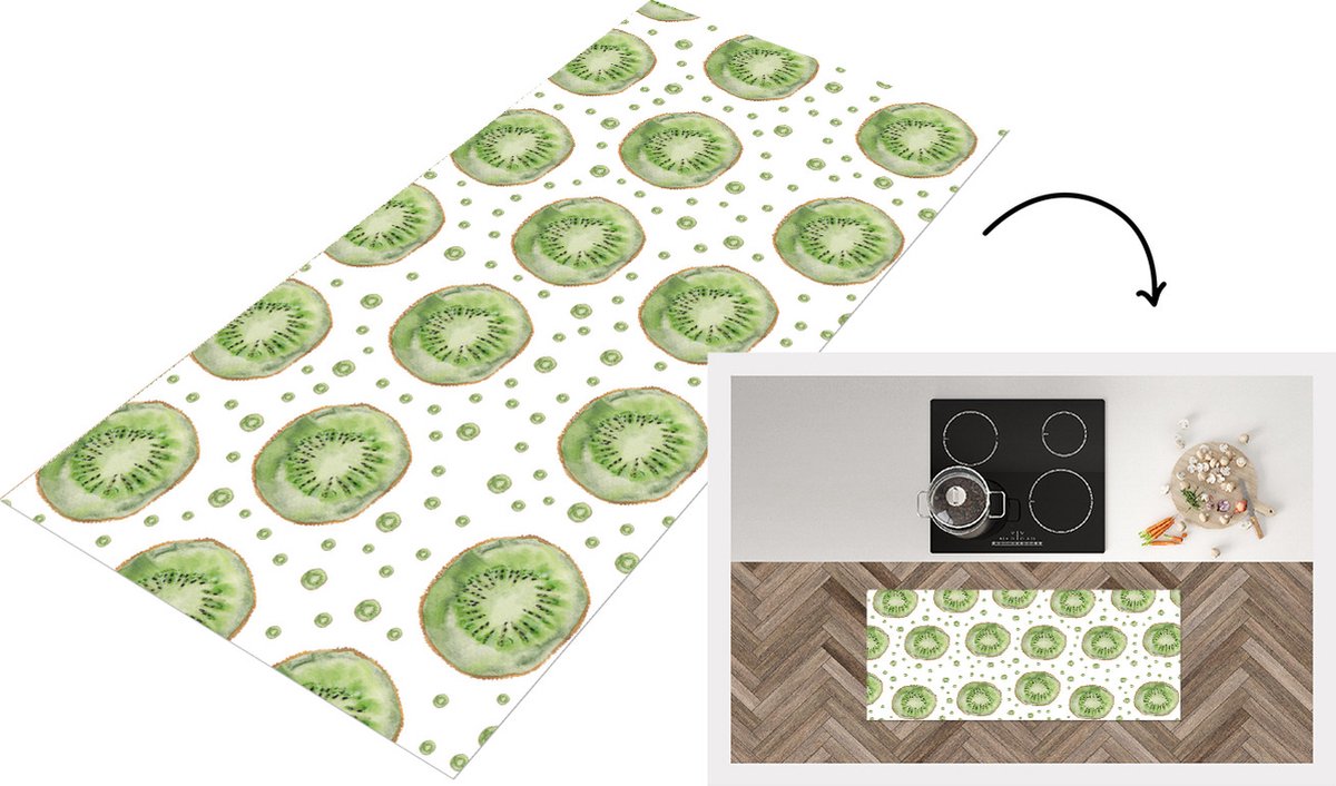 KitchenYeah Keukenloper - Loper keuken - Kiwi - Waterverf - Wit - 120x50 cm - Keukenloper vinyl Multicolor