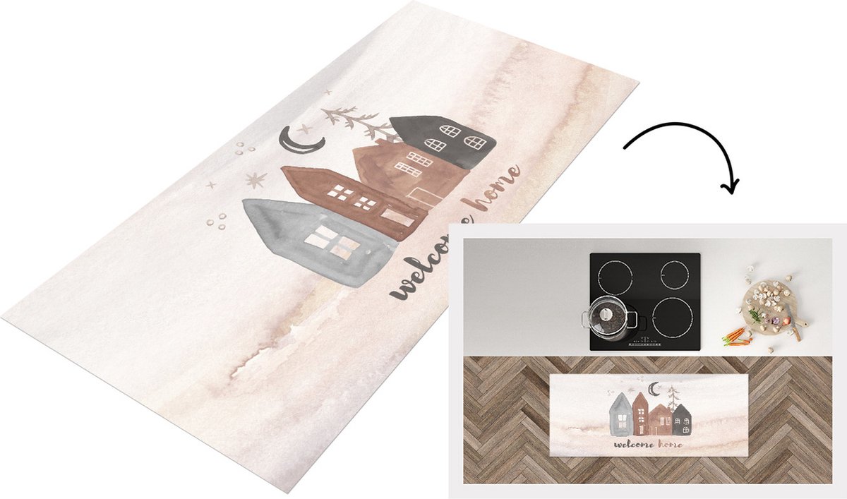 KitchenYeah Keukenloper - Loper keuken - Welkom Thuis - Winter - Huis - 120x50 cm - Keukenloper vinyl Multicolor