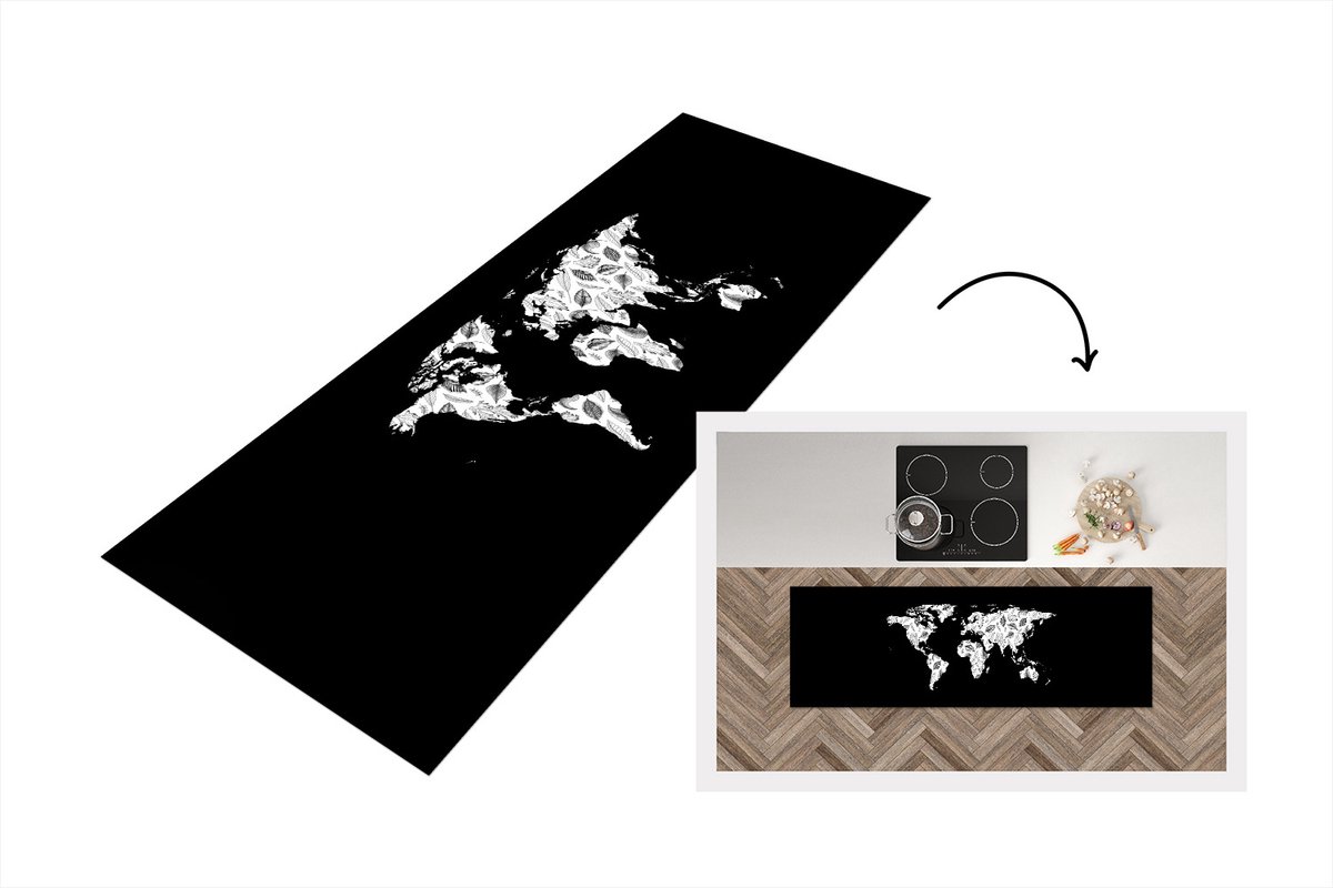 KitchenYeah Keukenloper - Loper keuken - Wereldkaart - Bladeren - Wit - 180x60 cm - Keukenloper vinyl Multicolor