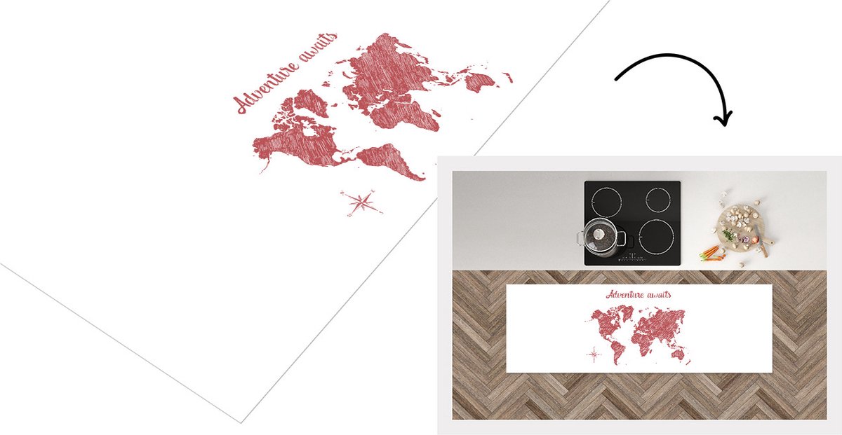 KitchenYeah Keukenloper - Loper keuken - Wereldkaart - Rood - Quotes - 150x50 cm - Keukenloper vinyl Multicolor