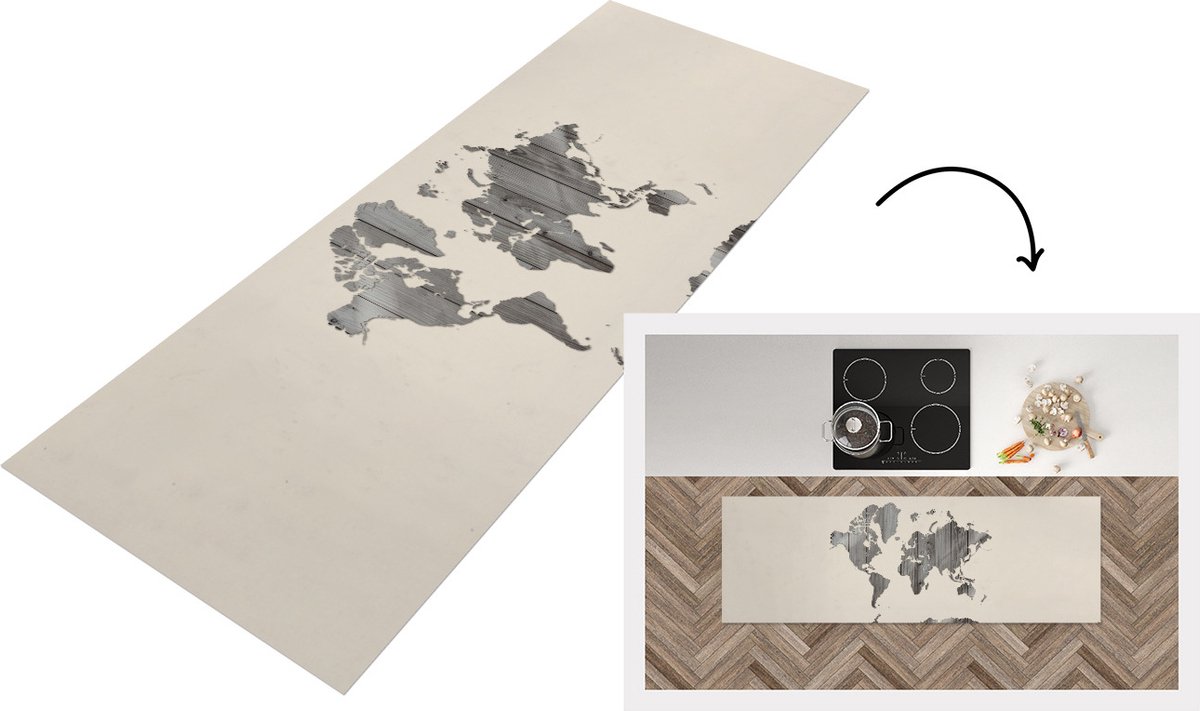 KitchenYeah Keukenloper - Loper keuken - Wereldkaart - Hout - Grijs - 180x60 cm - Keukenloper vinyl Multicolor
