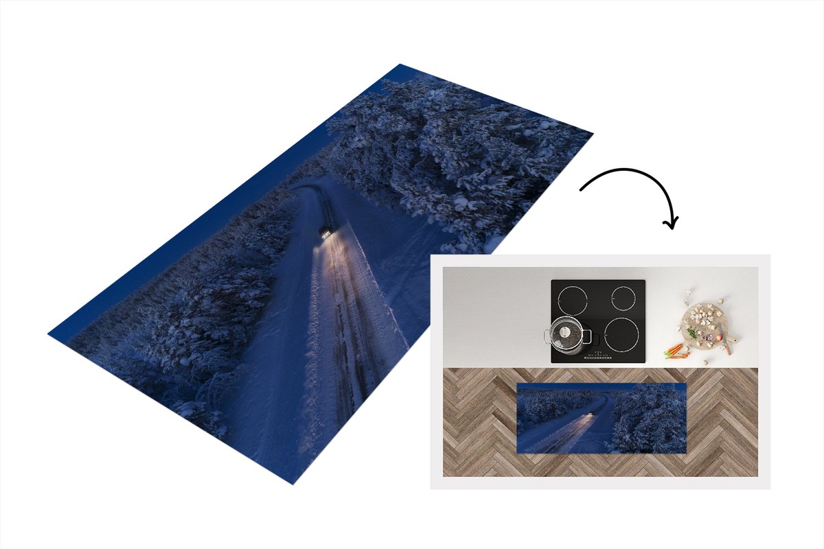 KitchenYeah Keukenloper - Loper keuken - Een auto rijdt over een besneeuwde landweg van Lapland - 120x50 cm - Keukenloper vinyl Multicolor