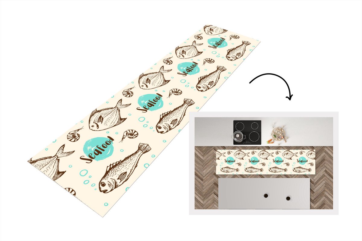 KitchenYeah Keukenloper - Loper keuken - Eten - Patronen - Vissen - 200x50 cm - Keukenloper vinyl Multicolor