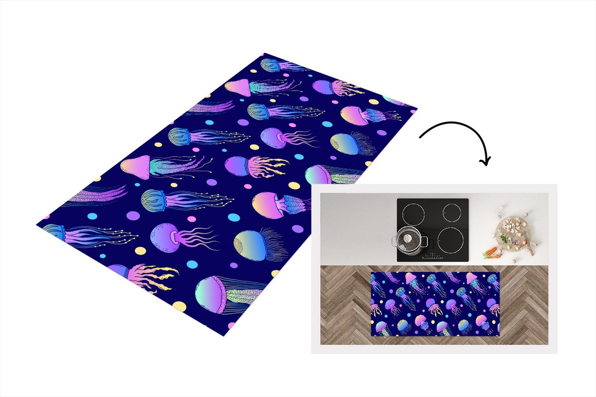 KitchenYeah Keukenloper - Loper keuken - Kwallen - Neon - Patronen - Regenboog - 120x60 cm - Keukenloper vinyl Multicolor