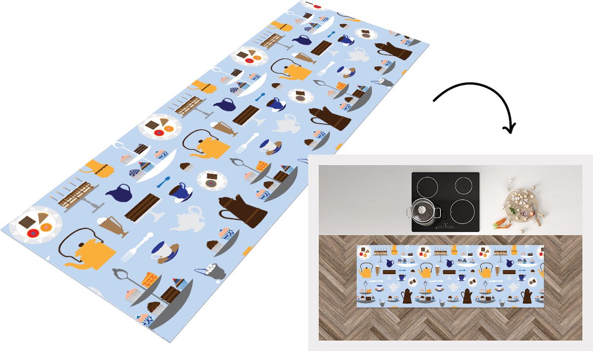KitchenYeah Keukenloper - Loper keuken - Patronen - Cupcake - Theepot - Thee - 180x60 cm - Keukenloper vinyl Multicolor