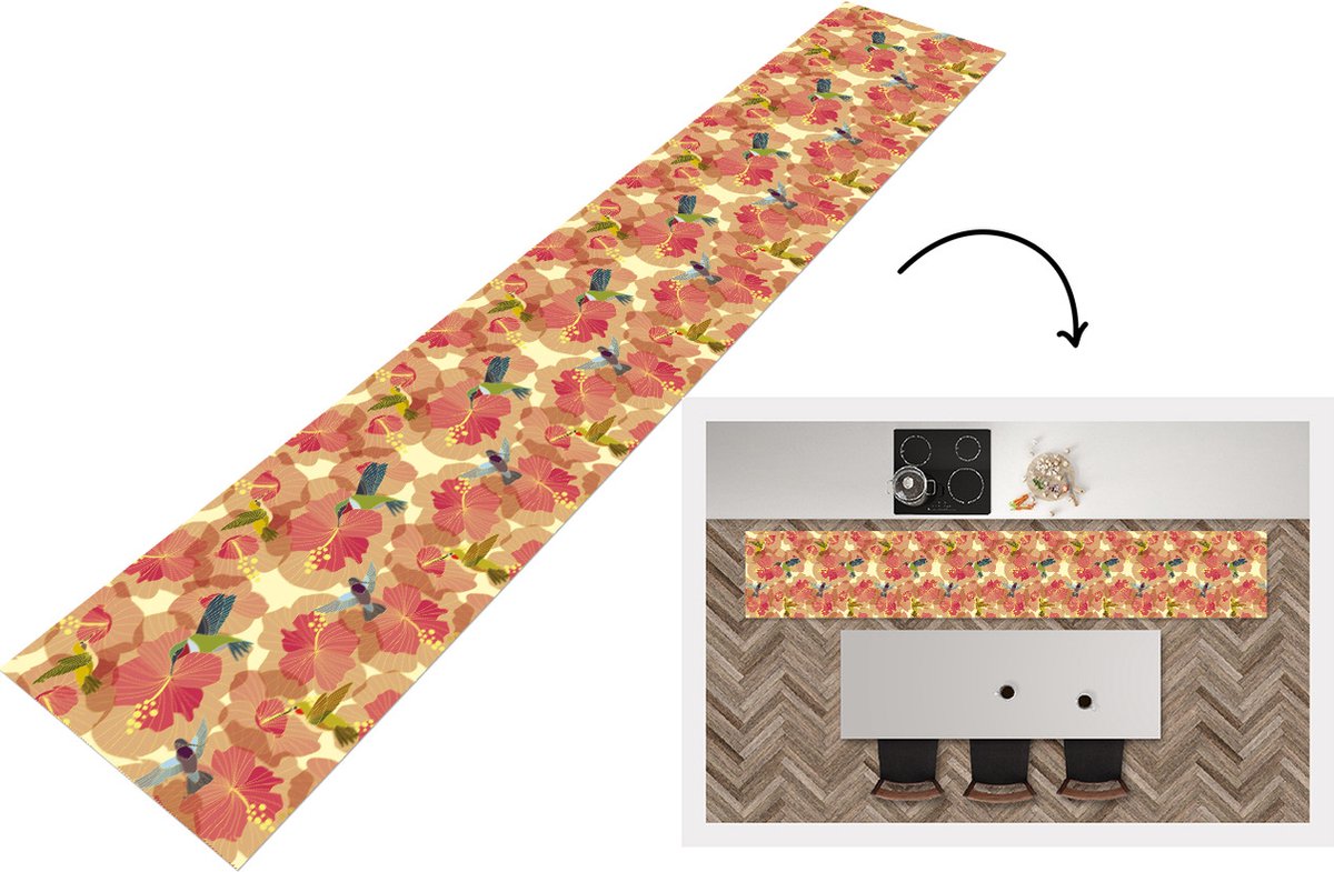 KitchenYeah Keukenloper - Loper keuken - Vogel - Bloemen - Patronen - Kolibrie - 300x50 cm - Keukenloper vinyl Multicolor