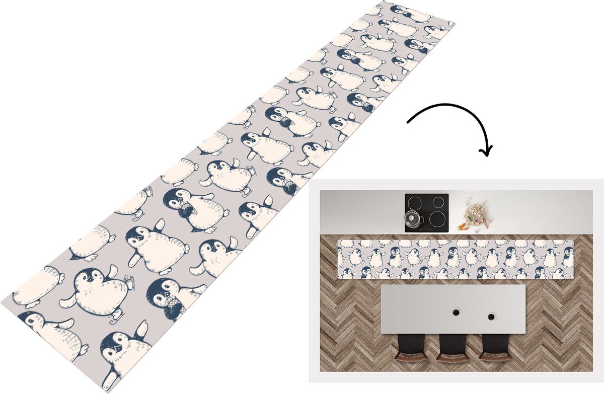 KitchenYeah Keukenloper - Loper keuken - Patronen - Pinguïn - IJs - 300x50 cm - Keukenloper vinyl Multicolor