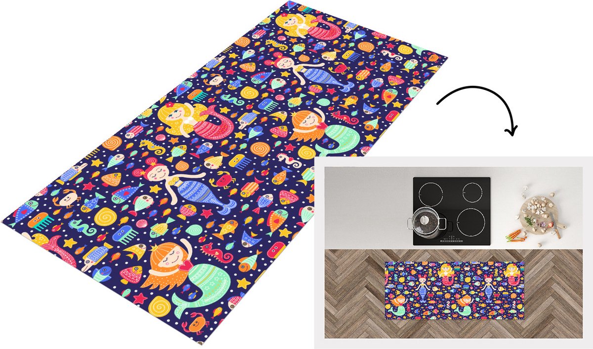 KitchenYeah Keukenloper - Loper keuken - Zeemeermin - Vissen - Patronen - 120x50 cm - Keukenloper vinyl Multicolor