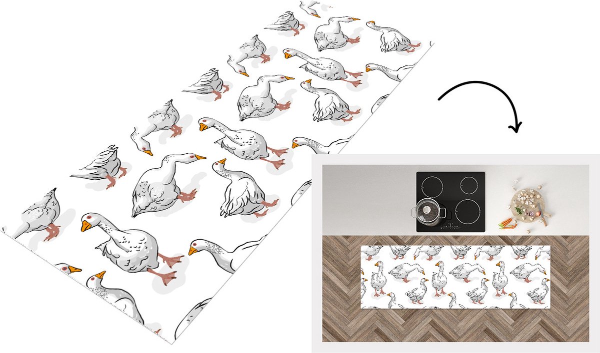 KitchenYeah Keukenloper - Loper keuken - Patroon - Vogel - Gans - 150x50 cm - Keukenloper vinyl Multicolor