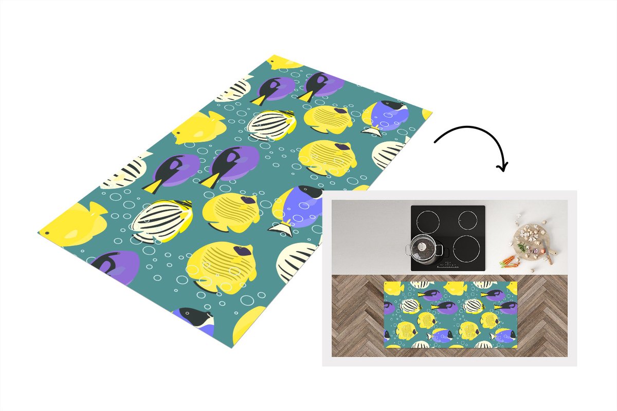 KitchenYeah Keukenloper - Loper keuken - Patronen - Vissen - Water - 120x60 cm - Keukenloper vinyl Multicolor