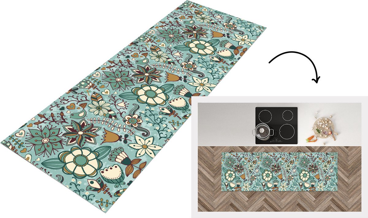 KitchenYeah Keukenloper - Loper keuken - Bohemian - Winter - Bloemen - Patroon - 180x60 cm - Keukenloper vinyl Multicolor